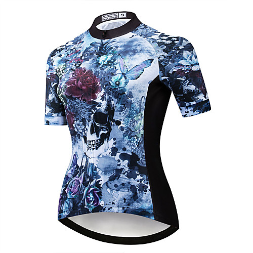 

21Grams Women's Short Sleeve Cycling Jersey Summer Spandex Polyester Blue Sugar Skull Skull Floral Botanical Bike Jersey Top Mountain Bike MTB Road Bike Cycling Quick Dry Moisture Wicking Breathable