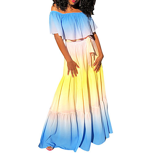 

Women's Chiffon Dress Maxi long Dress Blue Fuchsia Short Sleeve Rainbow Ruffle Spring Summer Off Shoulder Elegant Holiday 2021 S M L XL