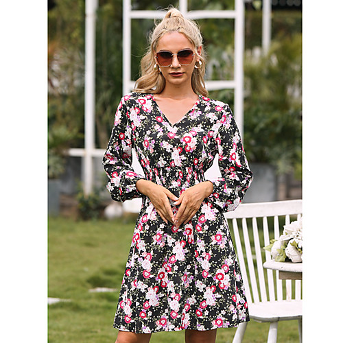 

Women's A Line Dress Knee Length Dress Black Long Sleeve Print Spring Summer Casual / Daily 2021 M L XL 2XL 3XL