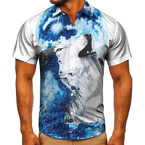 

Men's Shirt 3D Print Graphic Prints Wolf Button-Down Short Sleeve Street Tops Casual Fashion Classic Breathable Blue