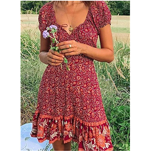 

Women's A Line Dress Knee Length Dress Red Short Sleeve Pattern Summer Casual 2021 S M L XL XXL