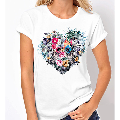 

Women's Painting T shirt Floral Heart Print Round Neck Basic Tops White