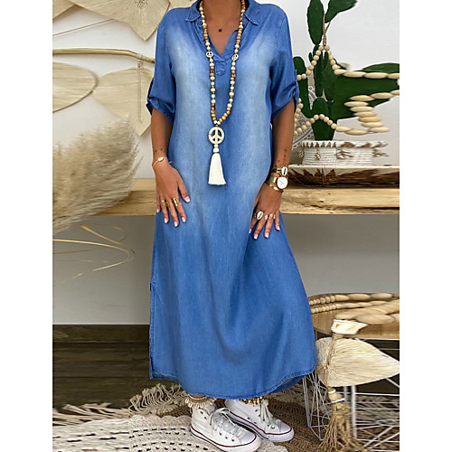 

Women's Denim Dress Midi Dress Dusty Blue Light Blue 3/4 Length Sleeve Solid Color Print Summer V Neck Casual Loose 2021 S M L XL XXL 3XL