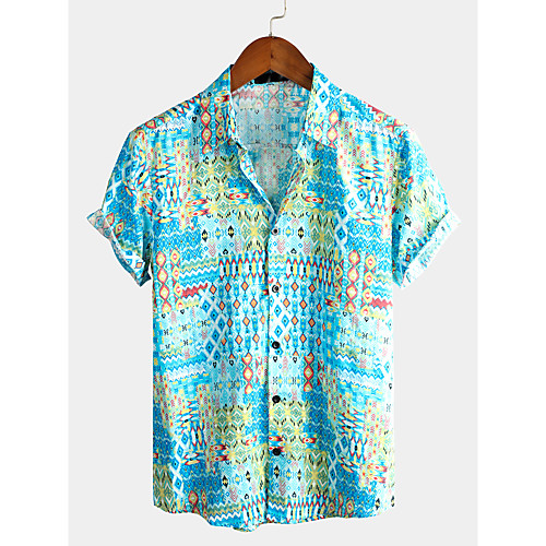 

Men's Shirt Tribal Short Sleeve Daily Tops Cotton Basic Boho Classic Collar Light Blue / Beach