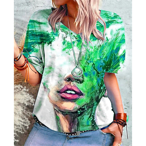 

Women's T shirt Portrait Mouth V Neck Tops Basic Basic Top Blue Purple Red