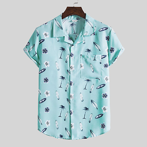 

Men's Shirt Other Prints Tree Print Short Sleeve Casual Tops Tropical Beach Classic Collar Light Blue