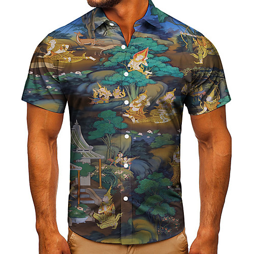 

Men's Shirt 3D Print Graphic Prints Tree Button-Down Short Sleeve Street Tops Casual Fashion Classic Breathable Blue