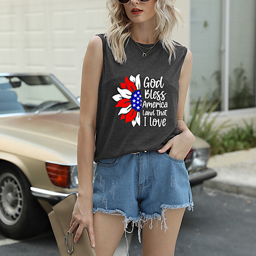 

Women's Floral Theme Independence Day Tank Top T shirt Floral USA Sunflower Print Round Neck Basic Streetwear Tops Purple Green Light gray