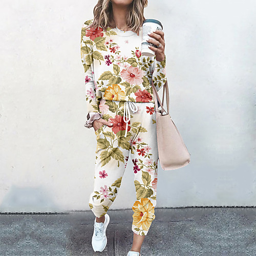 

Women's Basic Streetwear Floral Vacation Casual / Daily Two Piece Set Crew Neck Tracksuit T shirt Pant Loungewear Drawstring Print Tops / Loose