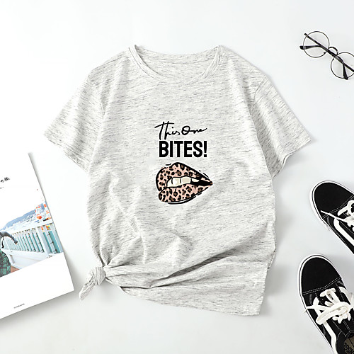 

Women's T shirt Mouth Letter Print Round Neck Tops Cotton Basic Basic Top White Black Blue