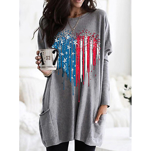 

Women's T shirt Graphic Heart Flag Long Sleeve Pocket Round Neck Tops 100% Cotton Basic Basic Top White Black Fuchsia
