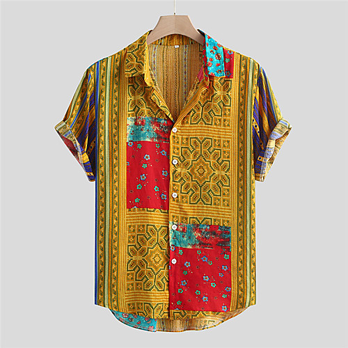 

Men's Shirt Tribal Button-Down Short Sleeve Casual Tops Cotton Casual Fashion Hawaiian Comfortable Yellow Green Red