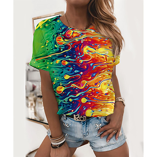 

Women's Abstract Geometric Painting T shirt Graphic Print Round Neck Basic Tops Green