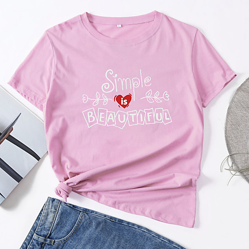 

Women's T shirt Heart Letter Print Round Neck Tops Cotton Basic Basic Top Black Blue Red