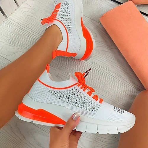 

Women's Unisex Trainers Athletic Shoes Flat Heel Round Toe Walking Shoes Elastic Fabric Tissage Volant Rhinestone Yellow Black Blue