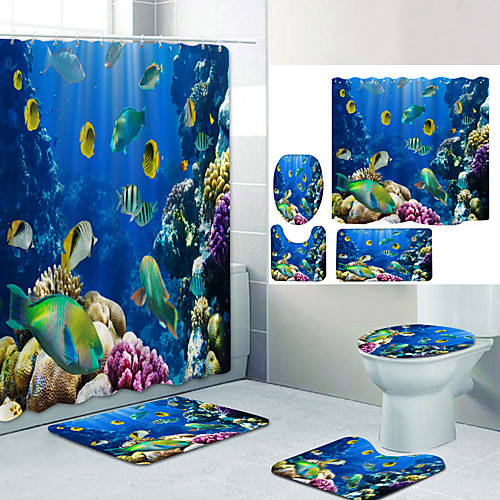 

Coral Fish Under The Sea Digital Printing Four-piece Set Shower Curtains and Hooks Modern Polyester Machine Made Waterproof Bathroom