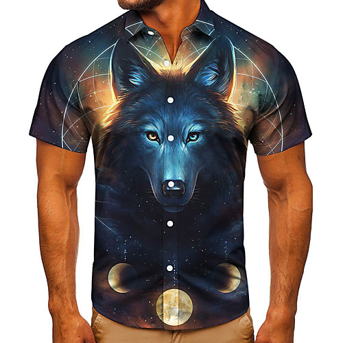 

Men's Shirt 3D Print Graphic Prints Wolf Button-Down Short Sleeve Street Tops Casual Fashion Classic Breathable Blue