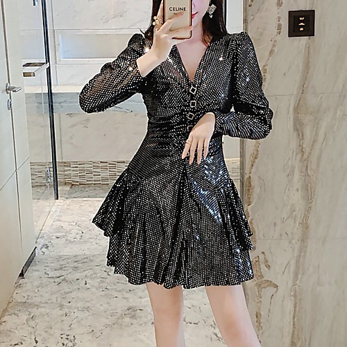 

Sheath / Column Little Black Dress Sparkle Party Wear Cocktail Party Dress V Neck Long Sleeve Short / Mini Sequined with Sequin 2021