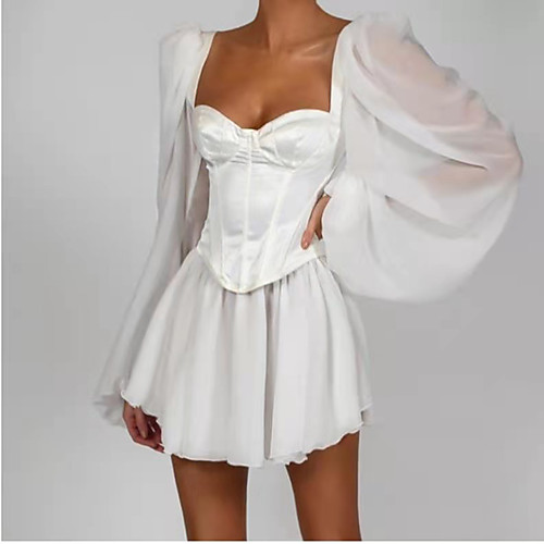 

Women's A Line Dress Short Mini Dress White Long Sleeve Solid Color Patchwork Spring Summer Boat Neck Casual Holiday Slim 2021 S M L XL