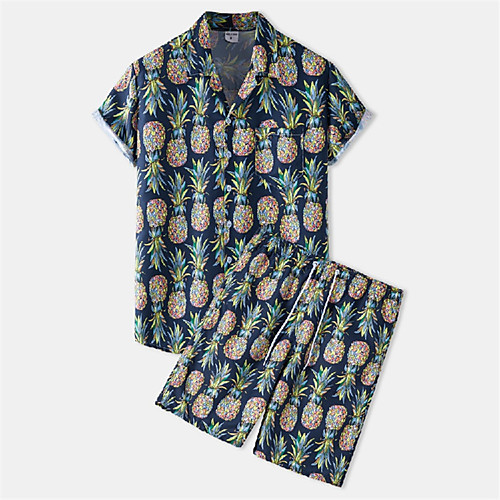 

Men's Shirt Suits Shirt Pineapple Button-Down Short Sleeve Casual Tops Casual Fashion Hawaiian Breathable Navy Blue