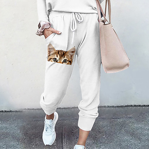 

Women's Basic Soft Comfort Going out Gym Palazzo Pants Cat Animal Full Length Pocket Elastic Drawstring Design Print White Yellow Khaki