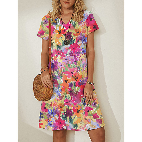 

Women's A Line Dress Knee Length Dress Blue Yellow Rainbow Black Beige Short Sleeve Floral Print Summer V Neck Casual Holiday 2021 M L XL XXL 3XL 4XL 5XL / Cotton / Cotton