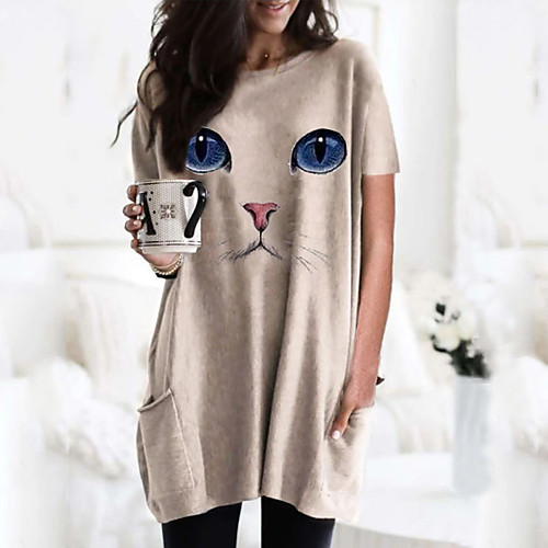 

Women's T shirt Dress Cat Graphic 3D Round Neck Tops Basic Basic Top Black Wine Army Green
