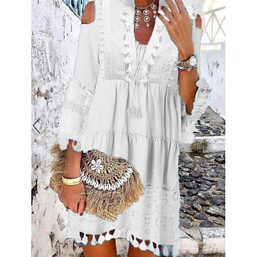

Women's Shift Dress Short Mini Dress Blue Yellow Blushing Pink White Beige 3/4 Length Sleeve Solid Color Tassel Fringe Lace Cold Shoulder Summer V Neck Hot Casual Boho Holiday Beach vacation dresses