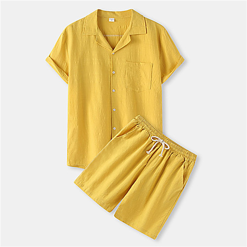 

Men's Shirt Suits Shirt Solid Color Button-Down Short Sleeve Casual Tops Casual Fashion Breathable Comfortable Yellow