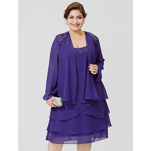 

A-Line Mother of the Bride Dress Elegant & Luxurious Plus Size Convertible Dress Scoop Neck Knee Length Chiffon Sleeveless with Beading Sequin Tiered 2021