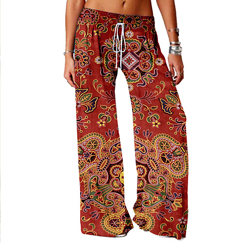 

Women's Basic Soft Comfort Daily Home Wide Leg Pants Geometric Pattern Paisley Full Length Elastic Drawstring Design Print Blue Red