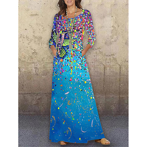 

Women's Shift Dress Maxi long Dress Blue 3/4 Length Sleeve Floral Animal Print Spring Summer Round Neck Casual Holiday 2021 S M L XL XXL 3XL