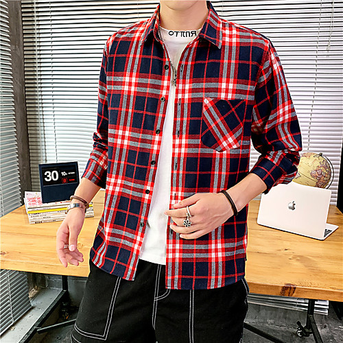 

Men's Shirt Lattice Long Sleeve Daily Tops Red Khaki Navy Blue
