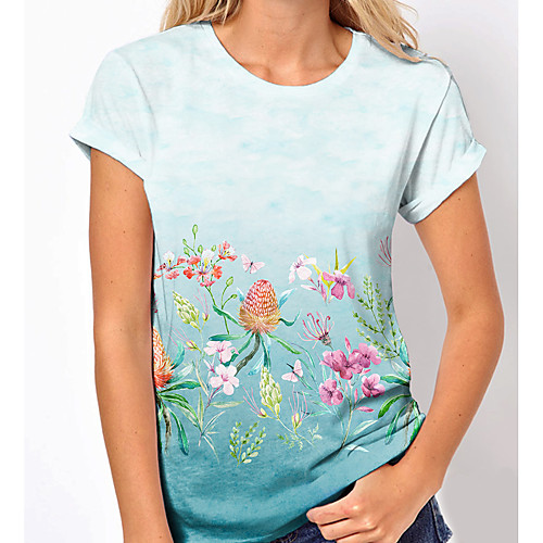 

Women's Floral Theme Painting T shirt Floral Color Gradient Print Round Neck Basic Tops Blue
