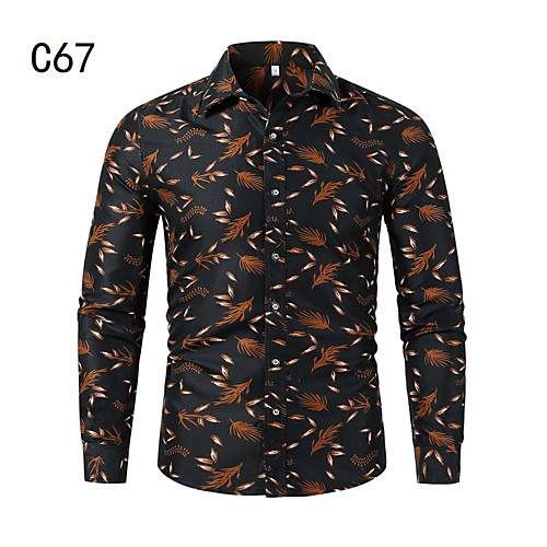 

Men's Shirt Other Prints Leaves Long Sleeve Casual Tops Chinoiserie Black