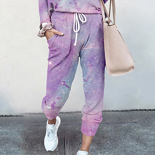 

Women's Basic Soft Comfort Going out Gym Palazzo Pants Galaxy Full Length Pocket Elastic Drawstring Design Print Blue Purple