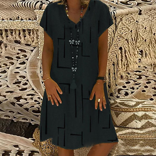 

Women's Shift Dress Knee Length Dress Yellow Green Black Short Sleeve Print Print Summer V Neck Elegant Vintage Holiday Loose 2021 S M L XL XXL 3XL 4XL 5XL
