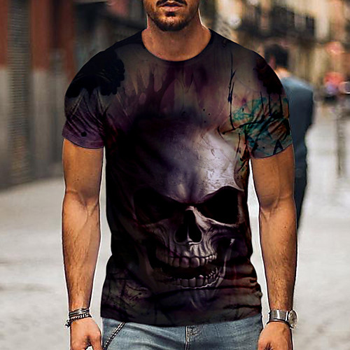 

Men's T shirt Graphic Color Block 3D Skull Print Short Sleeve Going out Tops Streetwear Punk & Gothic Gray