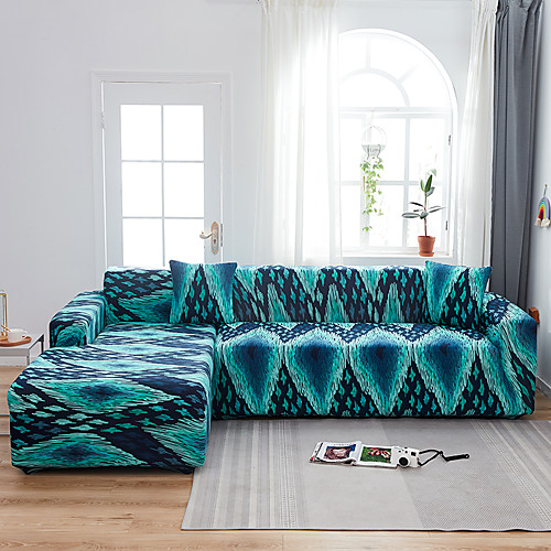 

Green Print Dustproof All-powerful Slipcovers Stretch L Shape Sofa Cover Super Soft Fabric Couch Cover Sofa Furniture Protector with One Free Boster Case