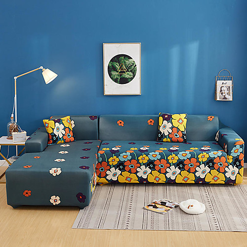 

Green Floral Print Dustproof All-powerful Slipcovers Stretch L Shape Sofa Cover Super Soft Fabric Couch Cover Sofa Furniture Protector with One Free Boster Case