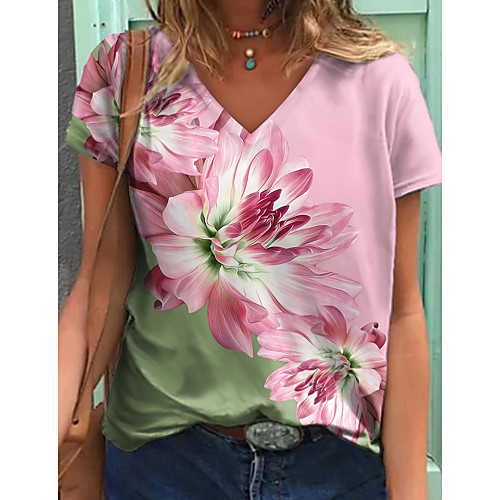 

Women's Floral Theme Painting T shirt Floral Color Block Print V Neck Basic Tops Blushing Pink