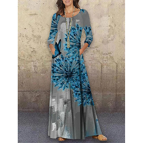 

Women's Shift Dress Maxi long Dress Blue 3/4 Length Sleeve Floral Print Animal Print Spring Summer Round Neck Casual Holiday 2021 S M L XL XXL 3XL