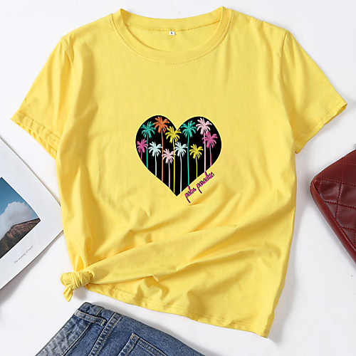 

Women's T shirt Heart Scenery Letter Print Round Neck Tops Cotton Basic Basic Top White Black Blue