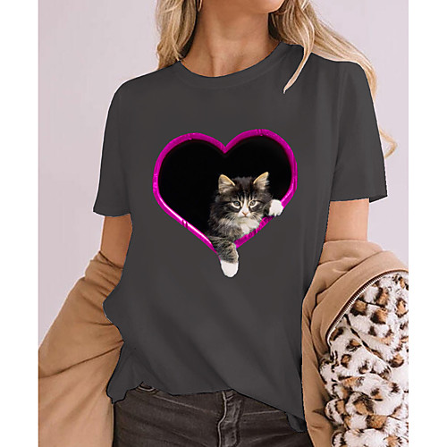 

Women's 3D Cat T shirt Cat Heart 3D Print Round Neck Basic Tops 100% Cotton Wine Light gray Dark Gray