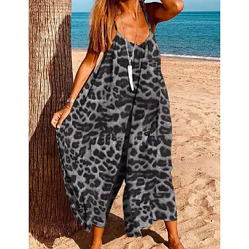

Women's Ordinary Off Shoulder Black Khaki Jumpsuit Leopard Print