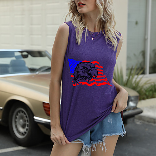 

Women's Independence Day Tank Top T shirt Star USA American Flag Print Round Neck Basic Streetwear Tops Blue Purple Green