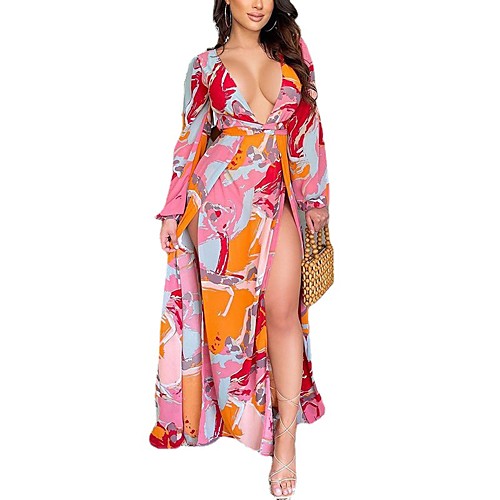 

Women's Sheath Dress Maxi long Dress Blushing Pink Long Sleeve Floral Split Spring, Fall, Winter, Summer Deep V Boho 2021 S M L XL XXL