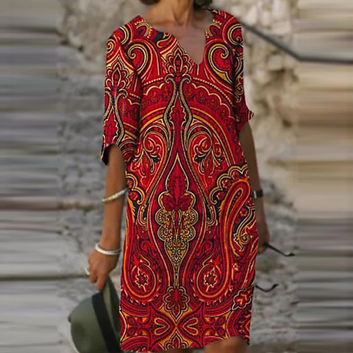 

Women's Shift Dress Knee Length Dress Purple Gold Red Light Blue 3/4 Length Sleeve Floral Print Spring Summer V Neck Elegant Holiday 2021 S M L XL XXL