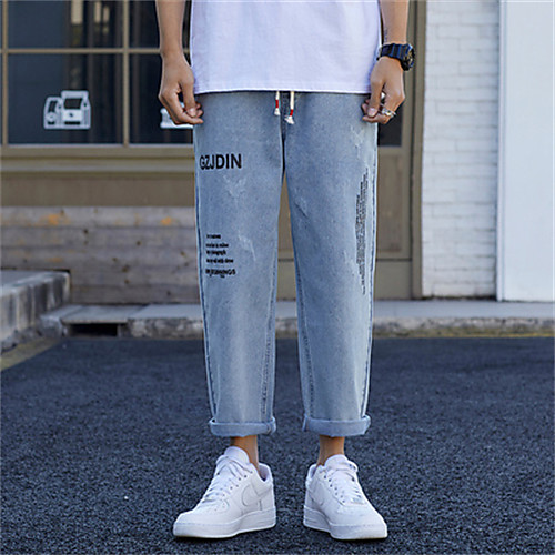 

Men's Chino Jeans Pants Letter Ankle-Length Light Blue