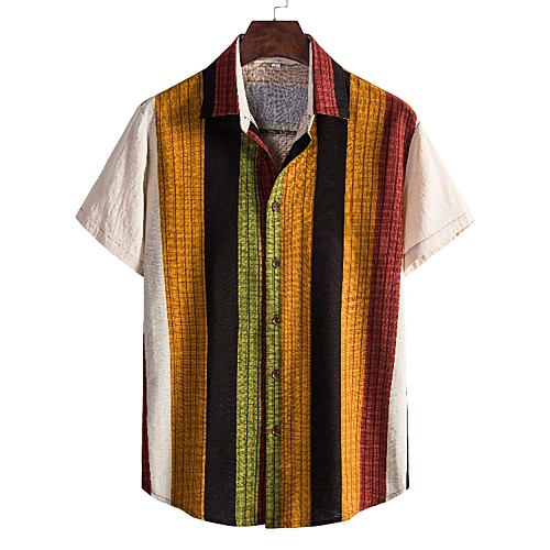 

Men's Shirt Striped Short Sleeve Casual Tops Ethnic Style Simple Black Beige